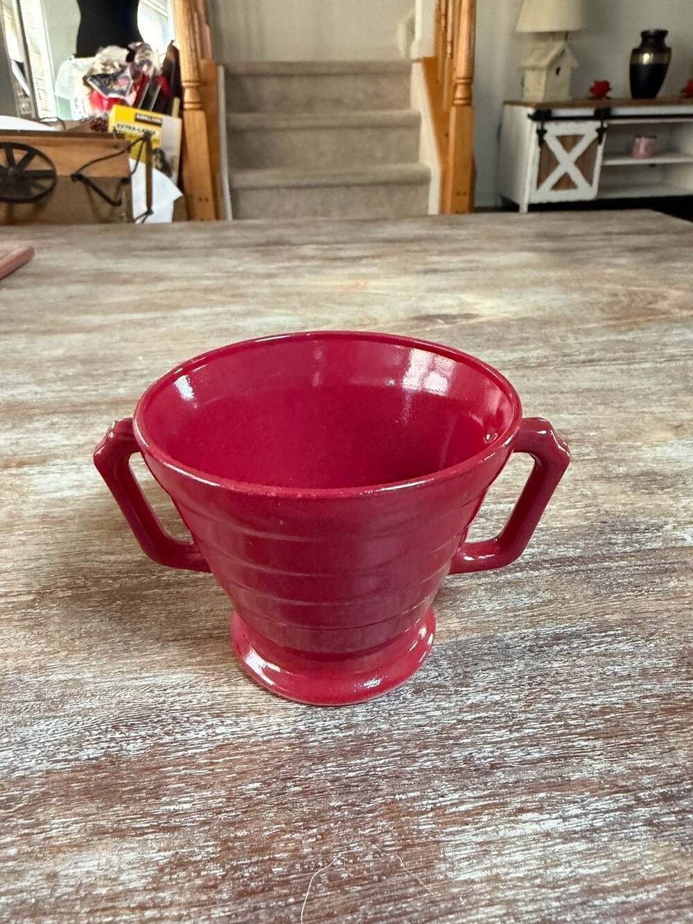 Vintage Hazel Atlas Moderntone Platonite Burgundy Red Two-Handled Sugar Bowl